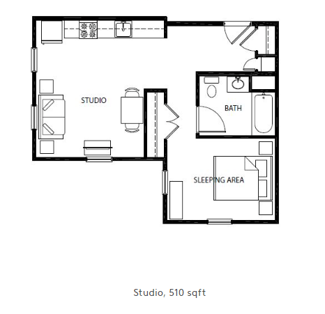 Floor plan for studio, 1 bath, 510 sqft